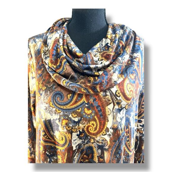 INTRO Brown Blue Gold Rust Paisley Cowl Neck Tunic  Hi Lo Long Sleeve Top NWT M - Picture 4 of 14